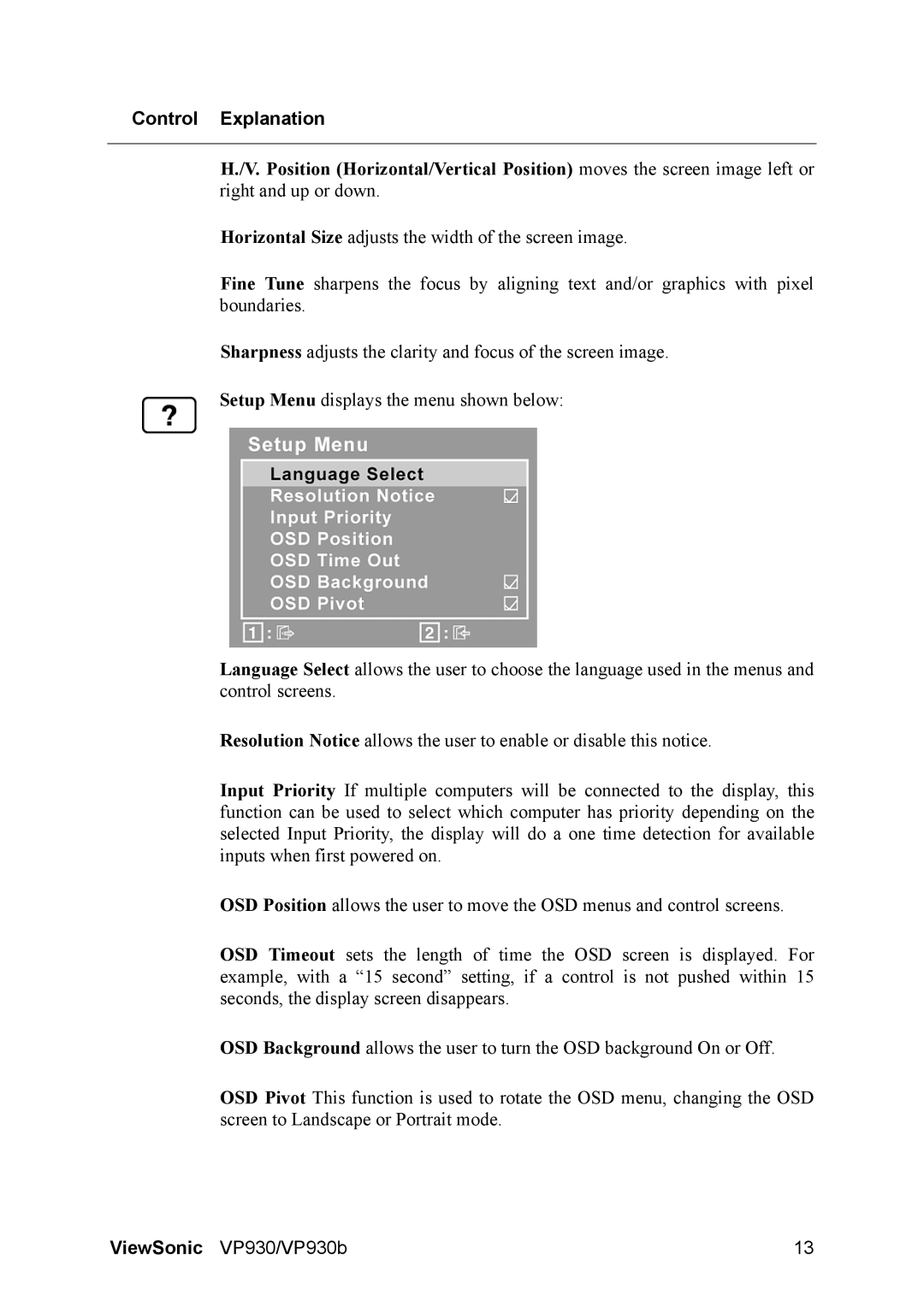 ViewSonic VS10725 manual Control Explanation 