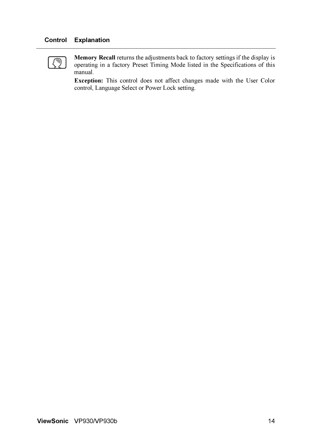 ViewSonic VS10725 manual Control Explanation 