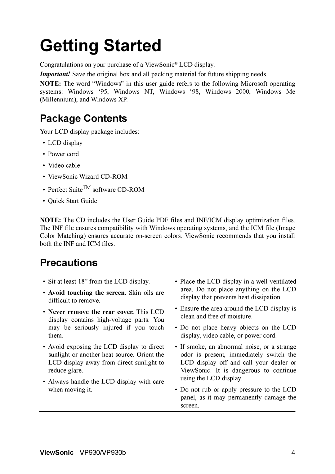 ViewSonic VS10725 manual Getting Started, Package Contents, Precautions 