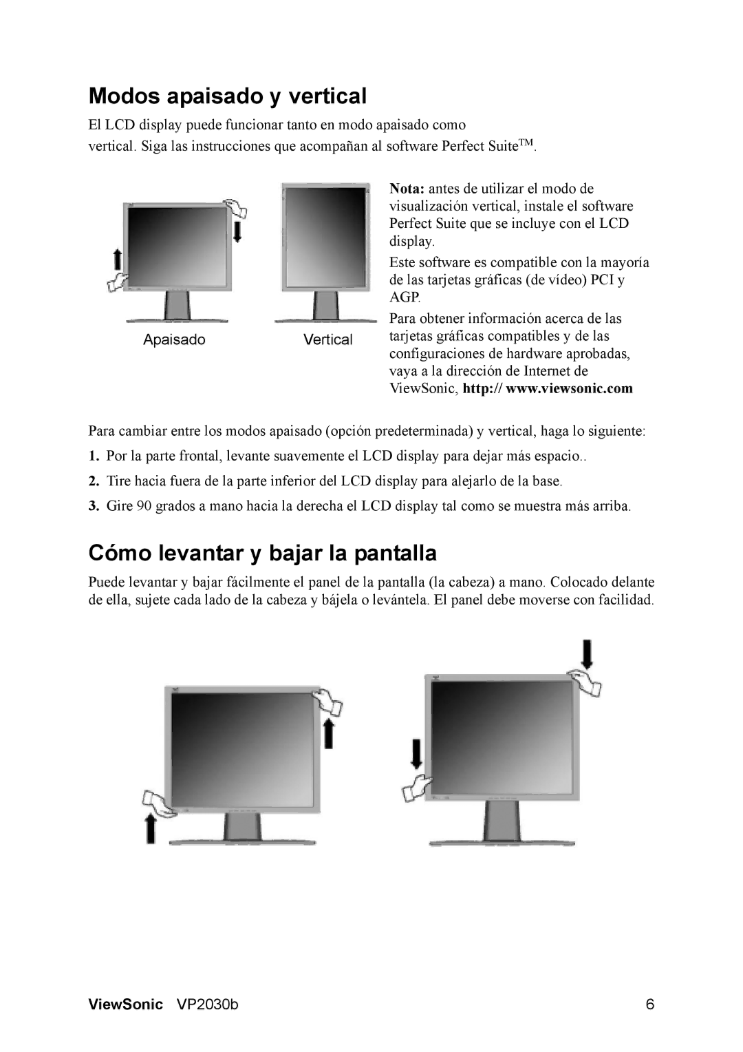 ViewSonic VS10772 manual Modos apaisado y vertical, Cómo levantar y bajar la pantalla 