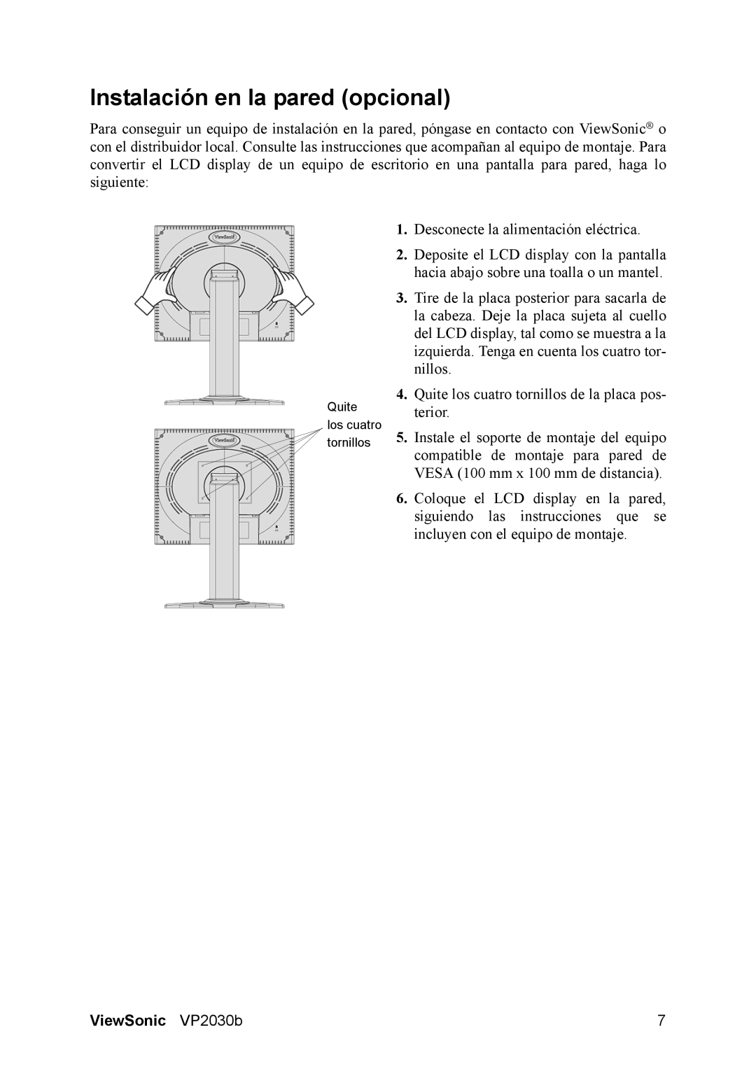 ViewSonic VS10772 manual Instalación en la pared opcional 