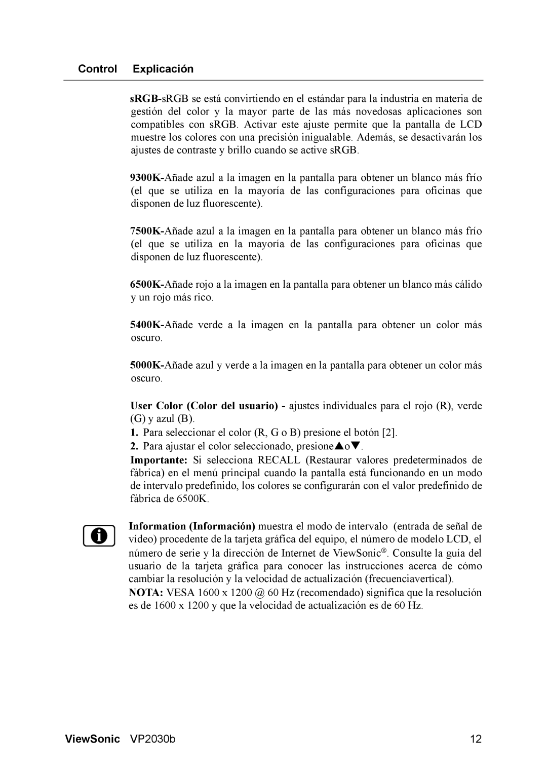 ViewSonic VS10772 manual Control Explicación 