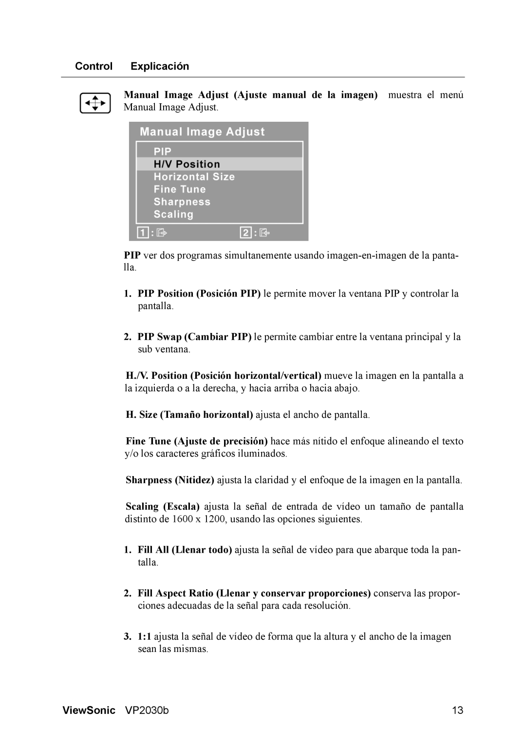 ViewSonic VS10772 manual Control Explicación 