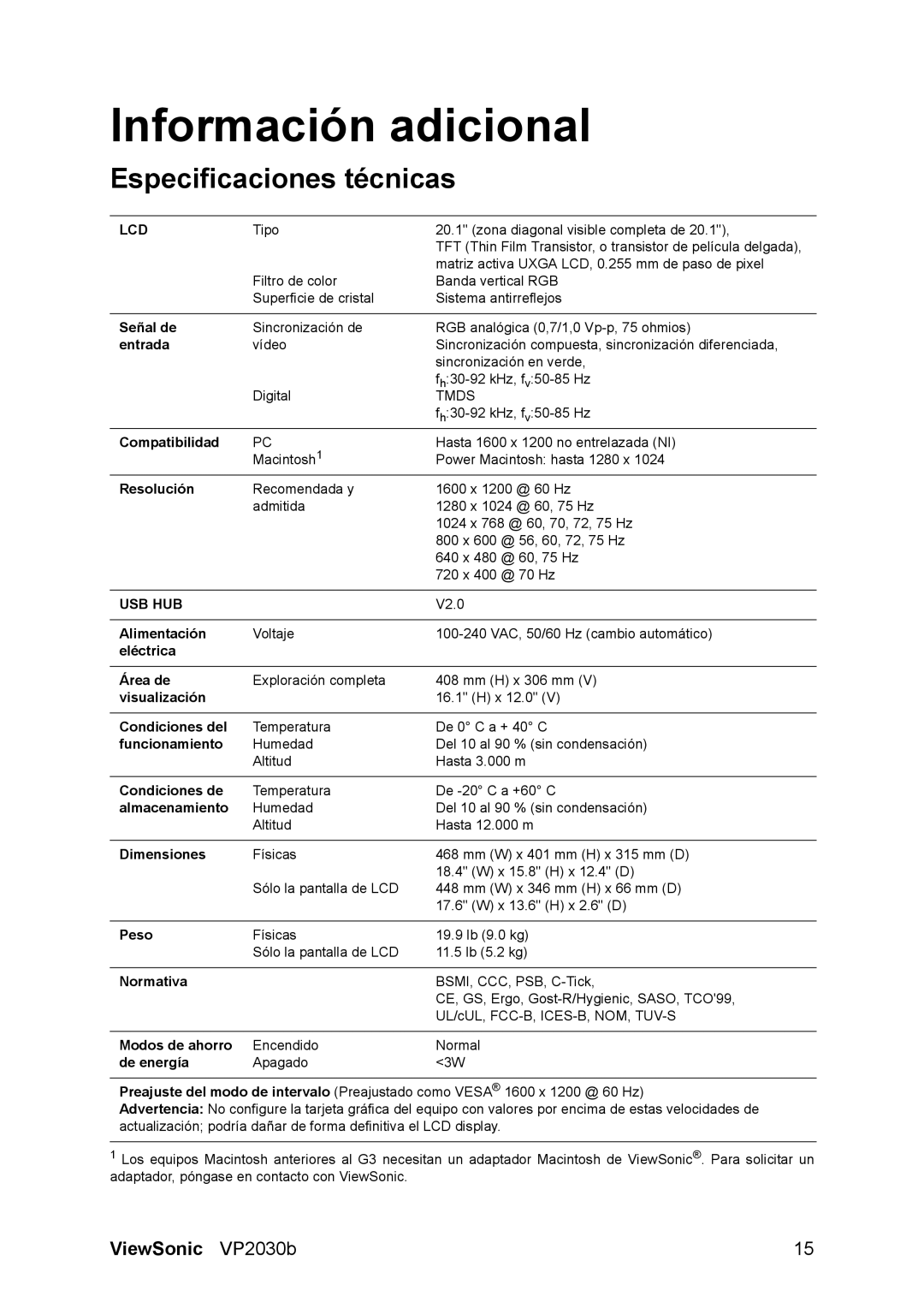 ViewSonic VS10772 manual Información adicional, Especificaciones técnicas 