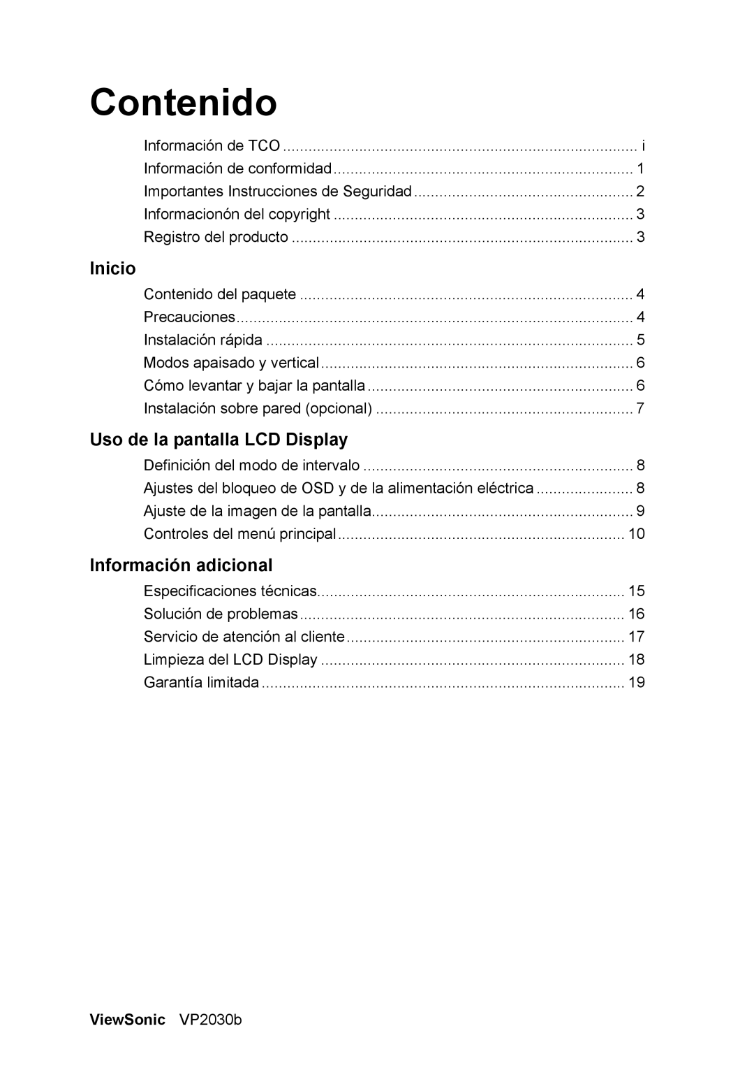 ViewSonic VS10772 manual Contenido, ViewSonic VP2030b 