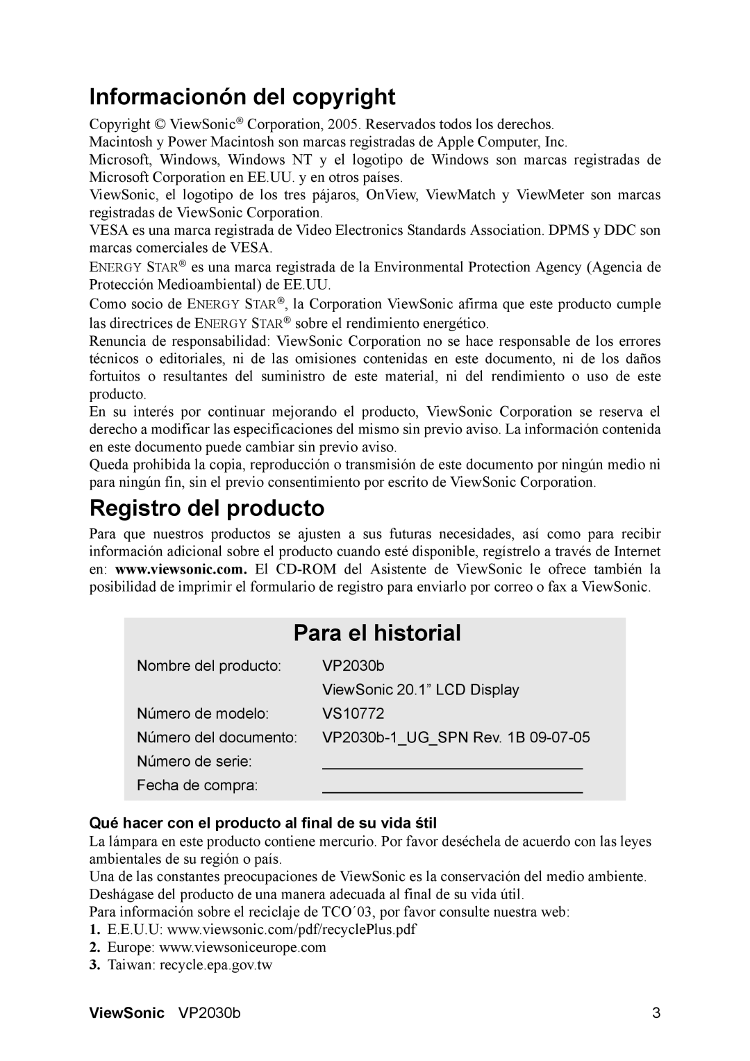 ViewSonic VS10772 manual Informacionón del copyright, Registro del producto Para el historial 