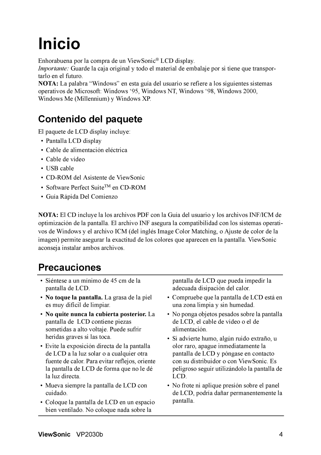 ViewSonic VS10772 manual Inicio, Contenido del paquete, Precauciones 