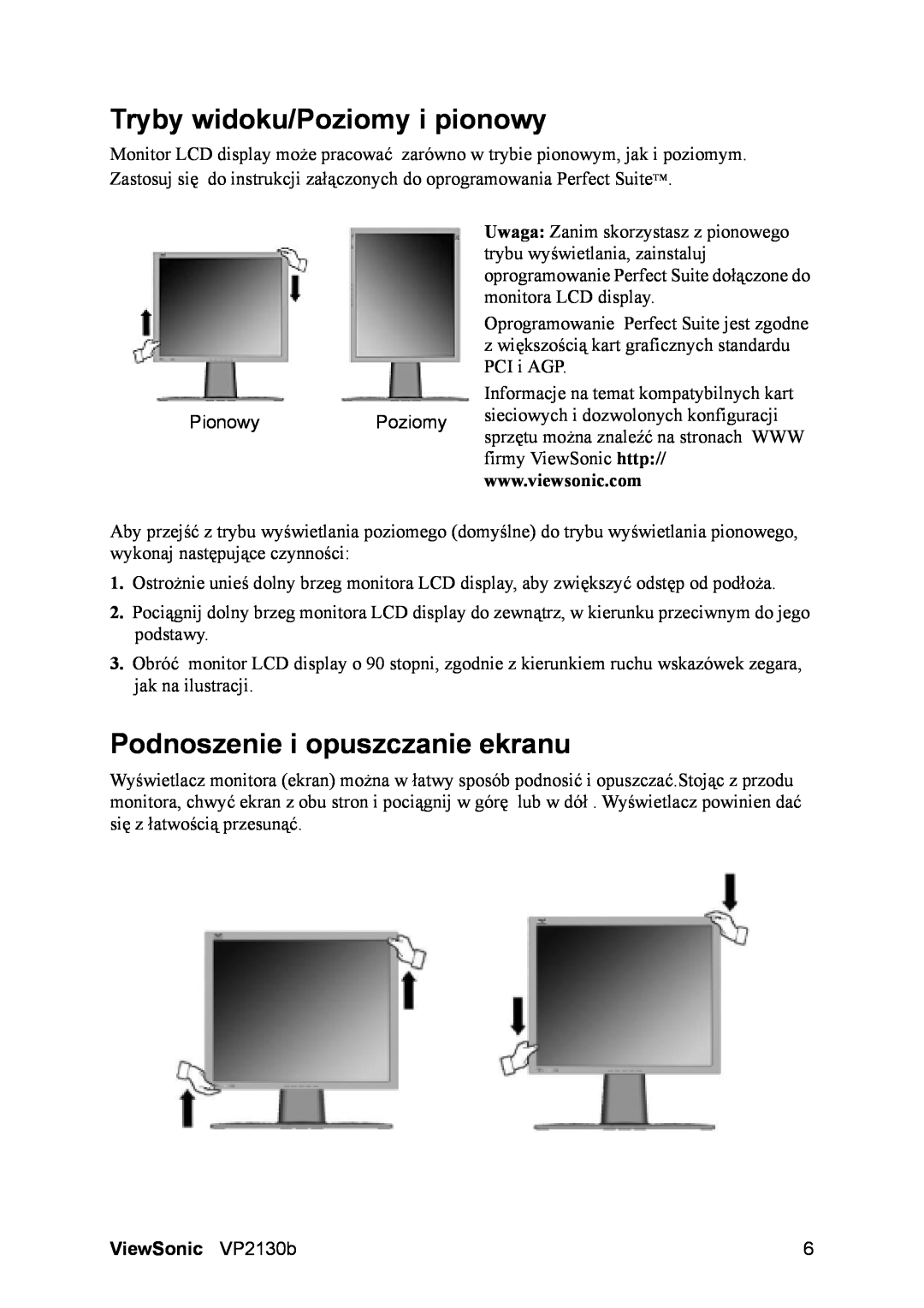 ViewSonic VS10773 manual Tryby widoku/Poziomy i pionowy, Podnoszenie i opuszczanie ekranu, ViewSonic VP2130b 
