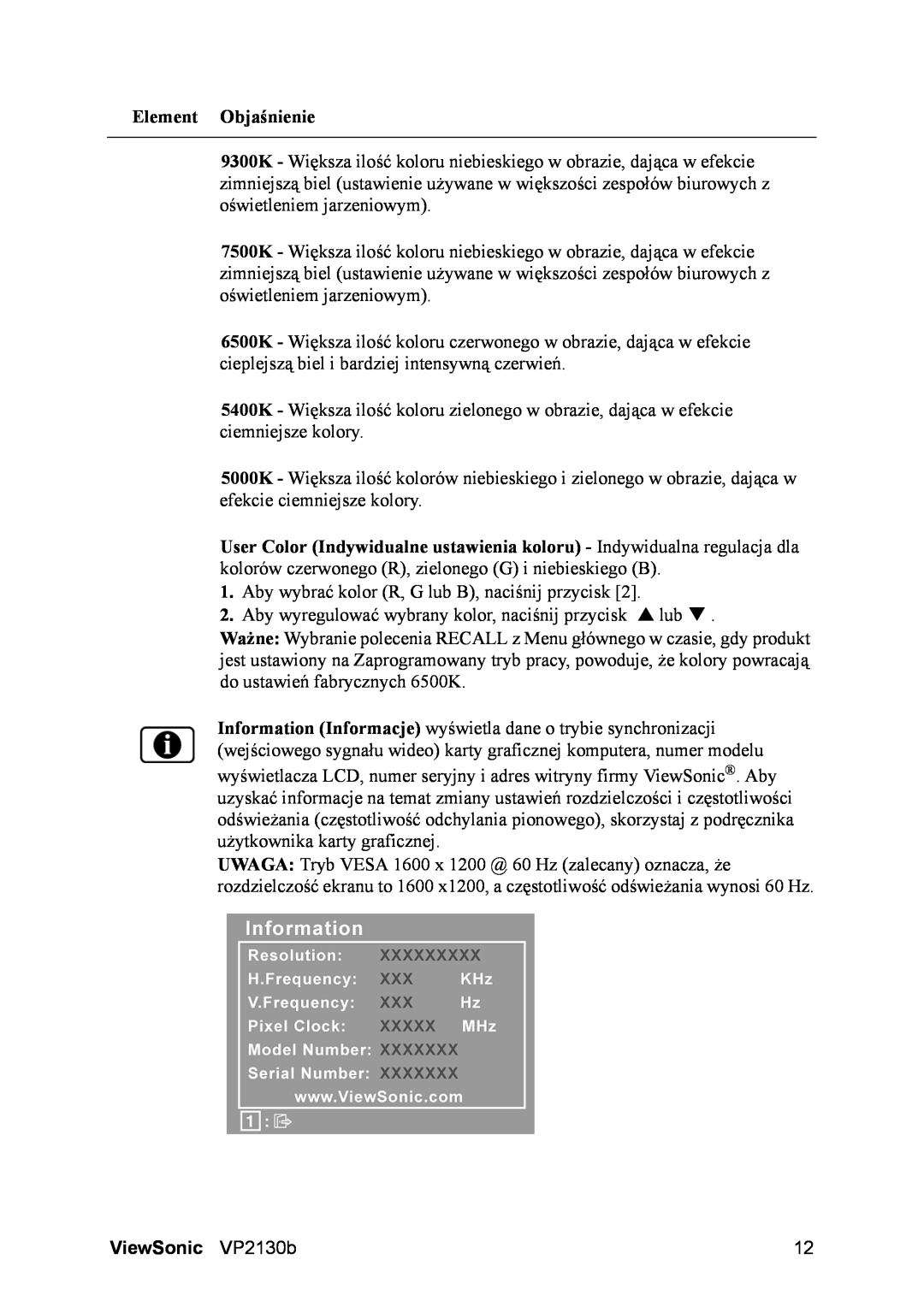 ViewSonic VS10773 manual Element Objaśnienie, ViewSonic VP2130b 