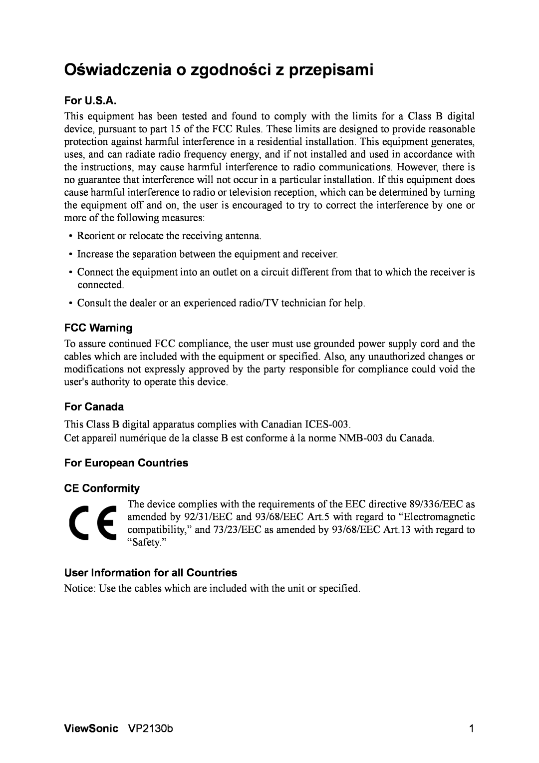 ViewSonic VS10773 manual Oświadczenia o zgodności z przepisami, For U.S.A, FCC Warning, For Canada, ViewSonic VP2130b 