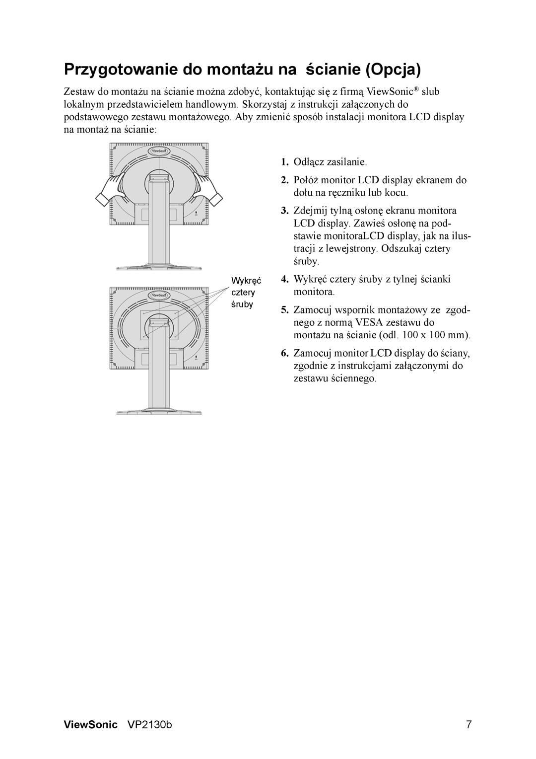 ViewSonic VS10773 manual Przygotowanie do montażu na ścianie Opcja 