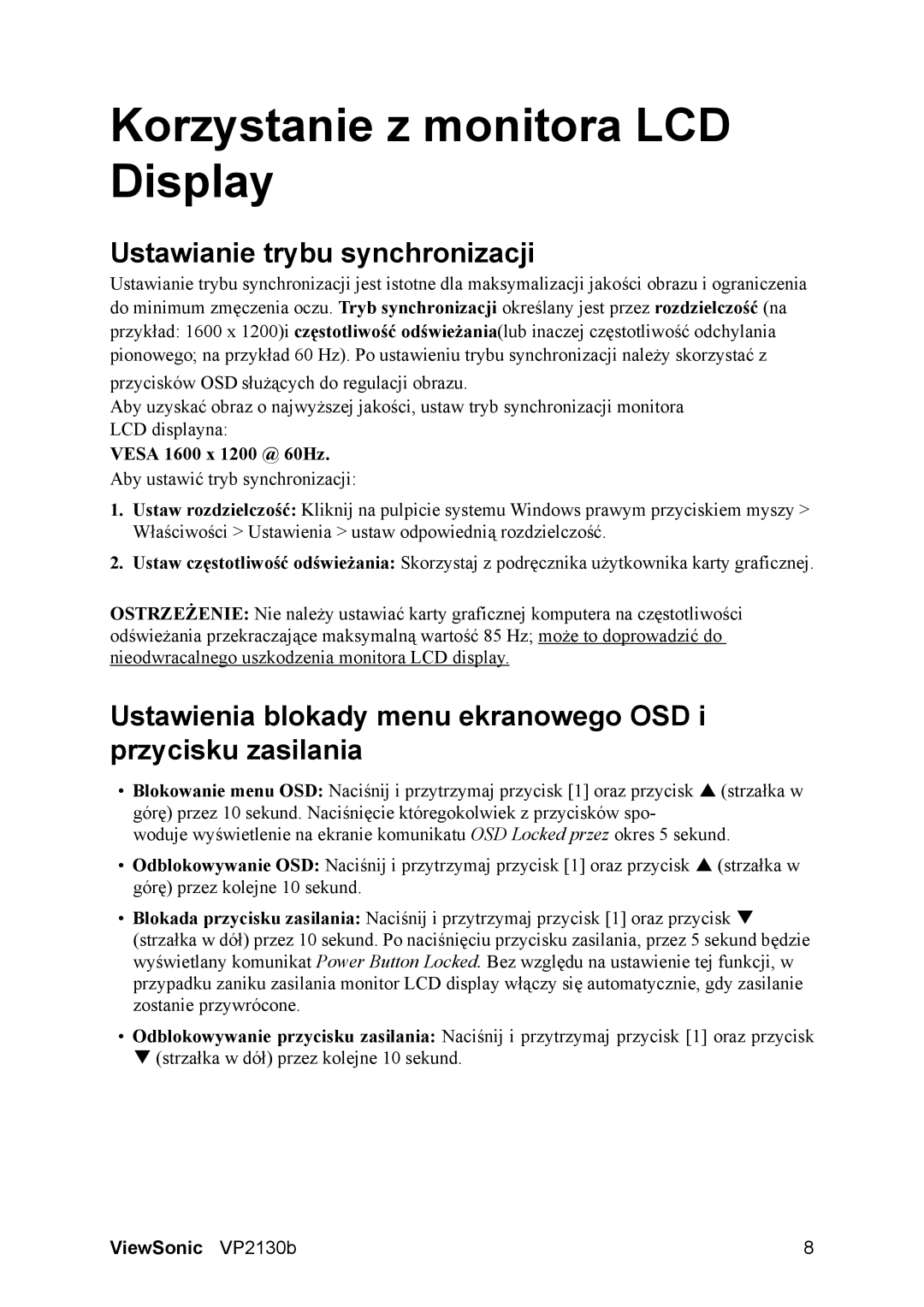 ViewSonic VS10773 manual Korzystanie z monitora LCD Display, Ustawianie trybu synchronizacji 