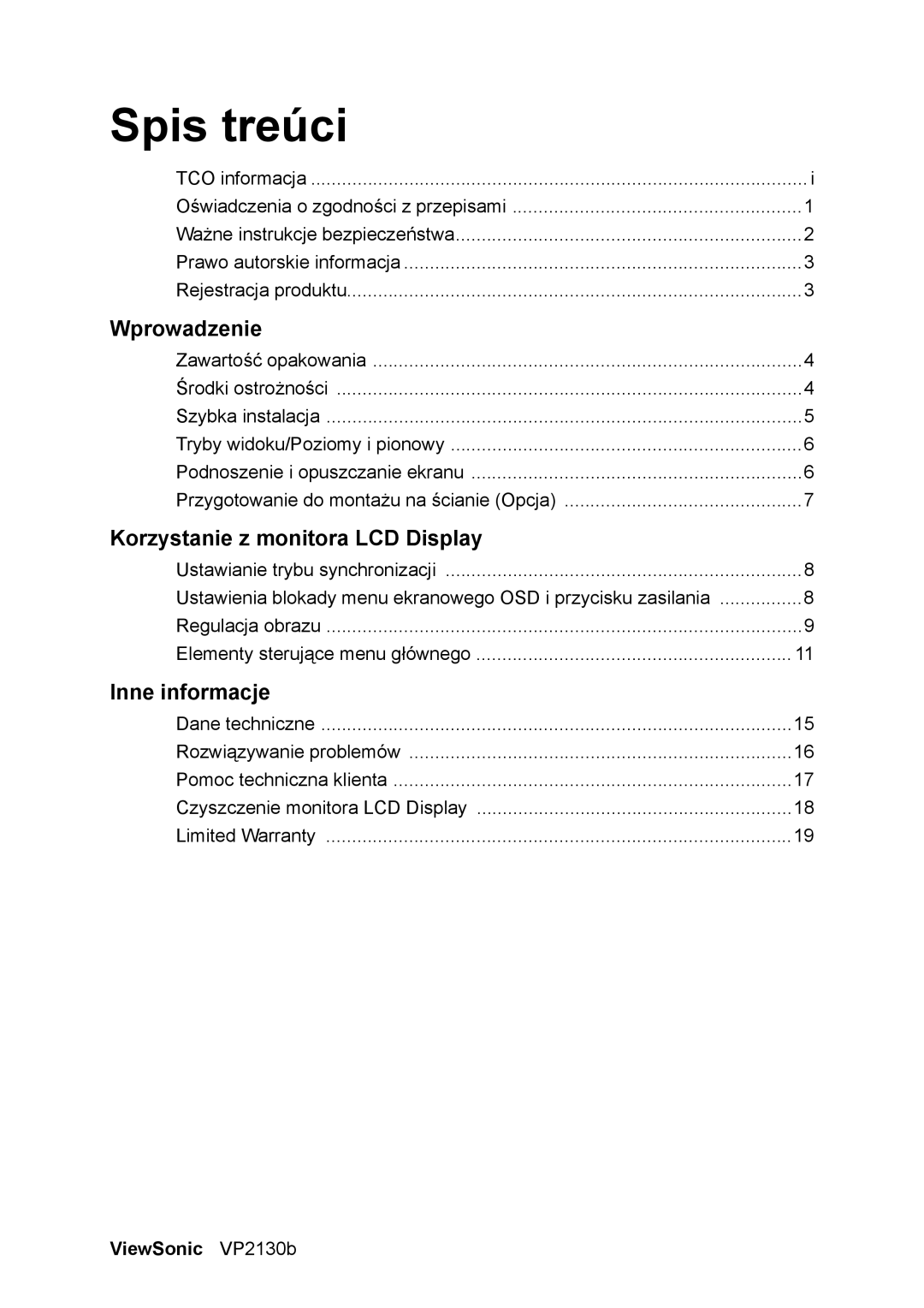 ViewSonic VS10773 manual Spis treúci, ViewSonic VP2130b 