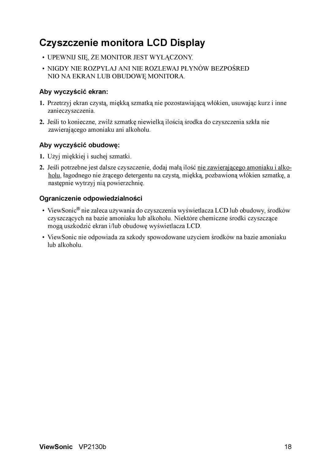 ViewSonic VS10773 manual Czyszczenie monitora LCD Display, Aby wyczyścić ekran, Aby wyczyścić obudowę 