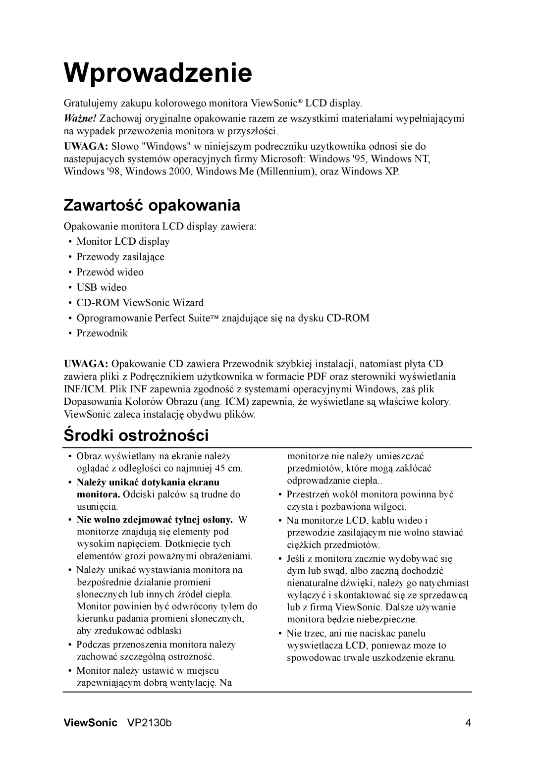 ViewSonic VS10773 manual Wprowadzenie, Zawartość opakowania, Środki ostrożności 