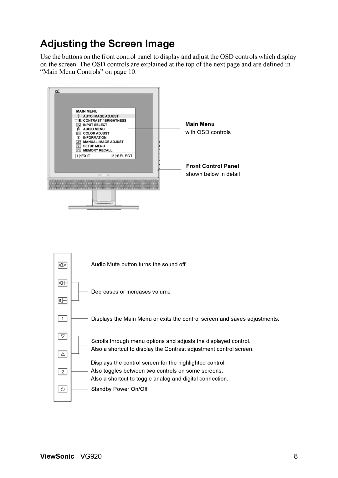 ViewSonic VS10790 manual Adjusting the Screen Image, Front Control Panel 