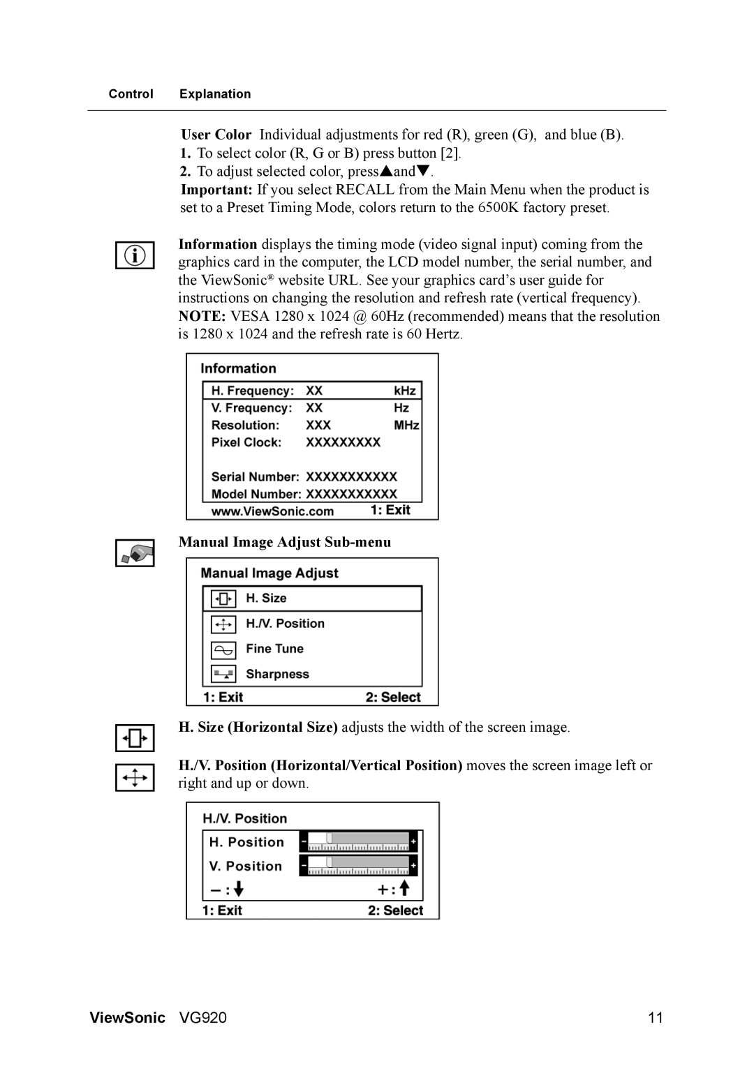 ViewSonic VS10790 manual Manual Image Adjust Sub-menu 