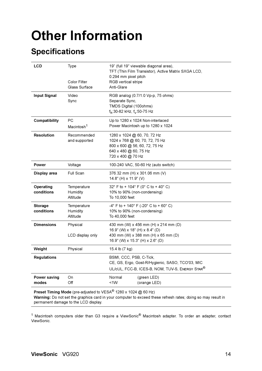 ViewSonic VS10790 manual Other Information, Specifications 