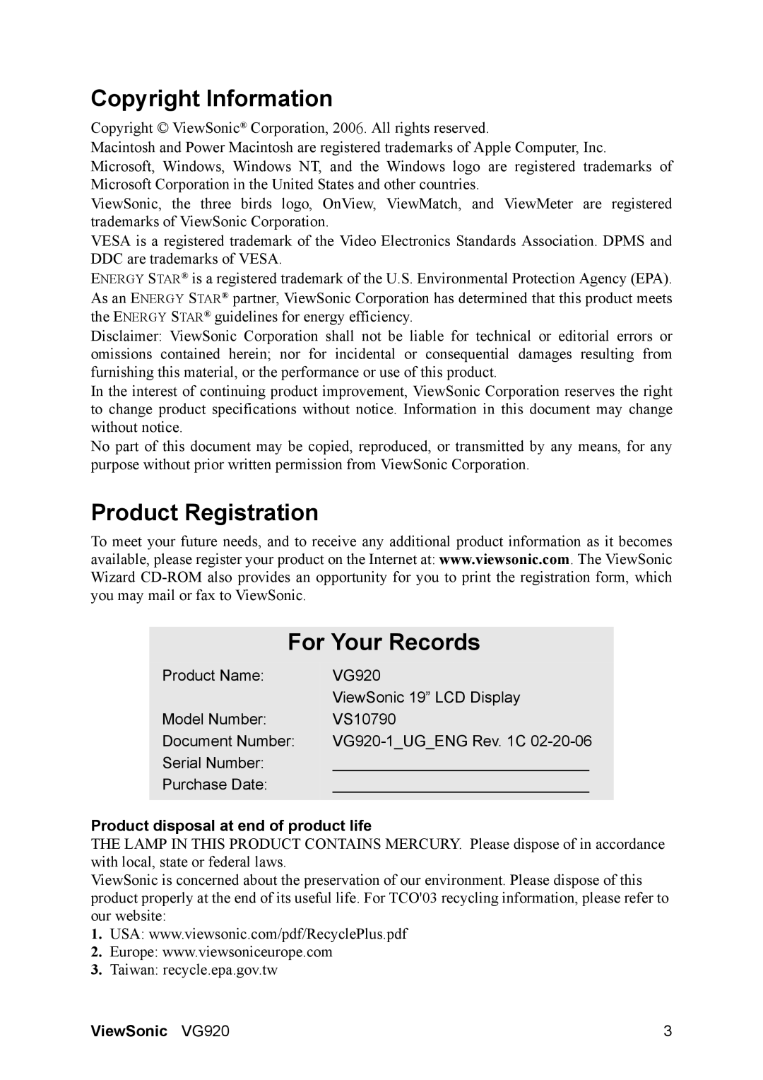 ViewSonic VS10790 Copyright Information, Product Registration For Your Records, Product disposal at end of product life 