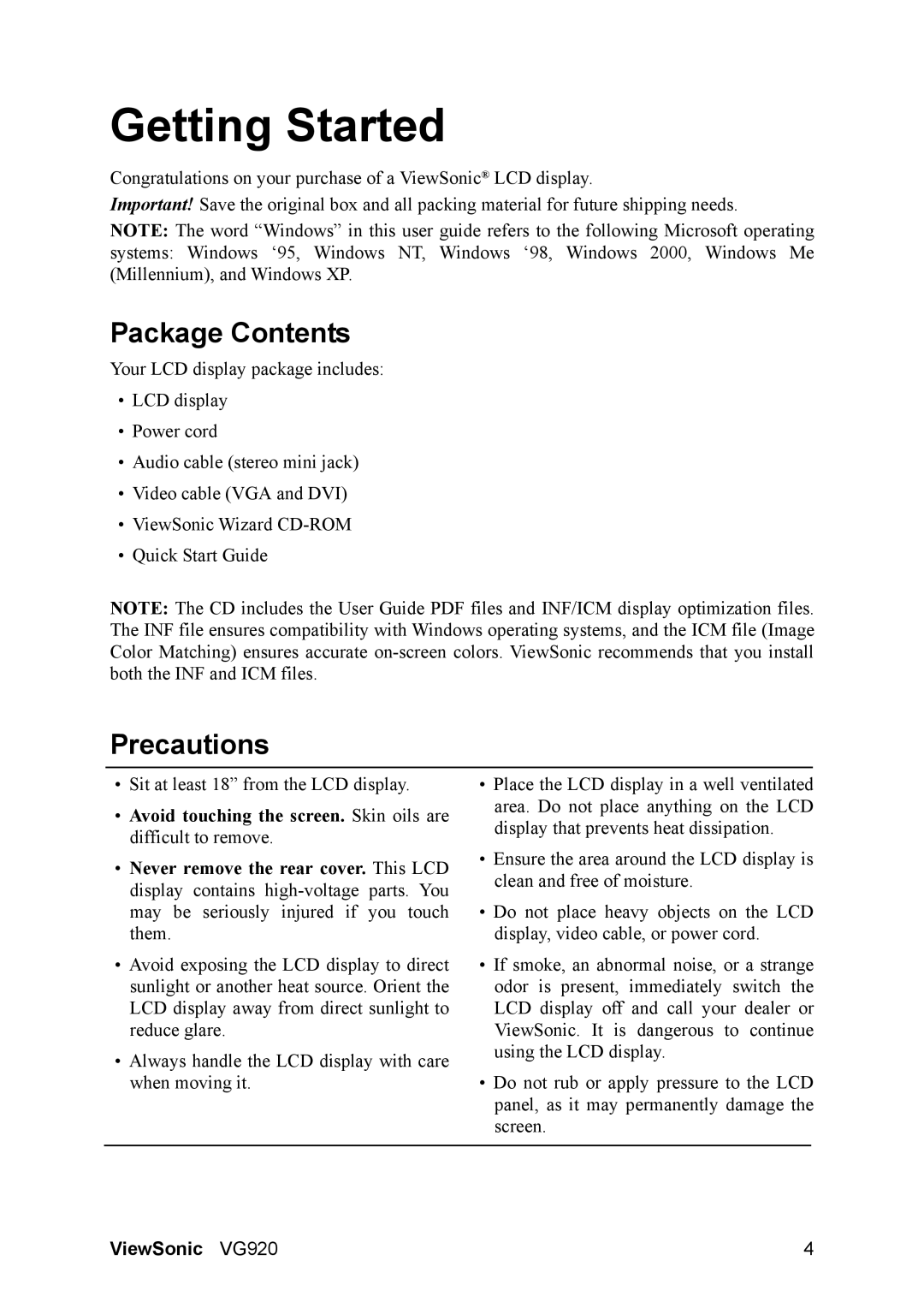 ViewSonic VS10790 manual Getting Started, Package Contents, Precautions 