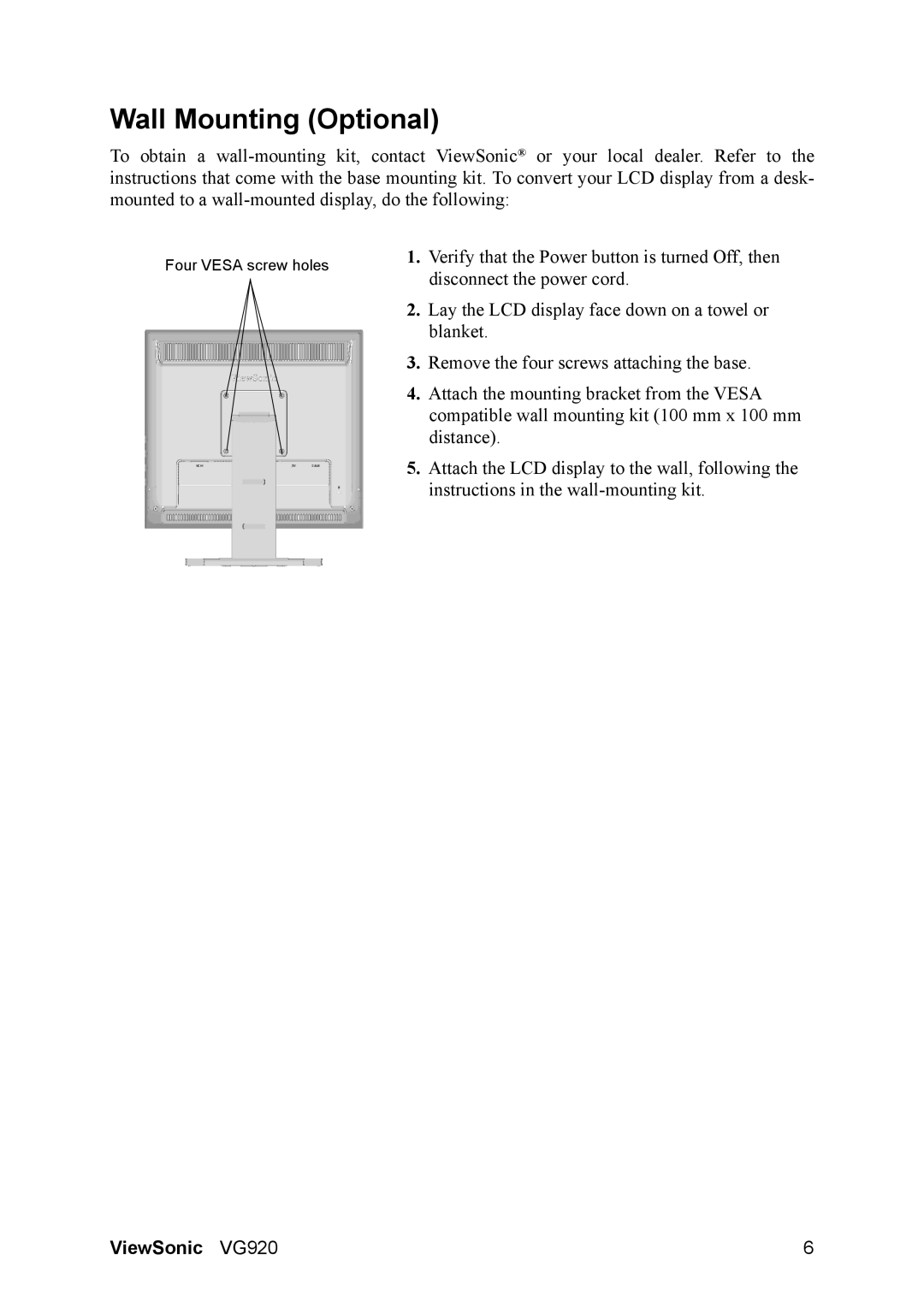 ViewSonic VS10790 manual Wall Mounting Optional 