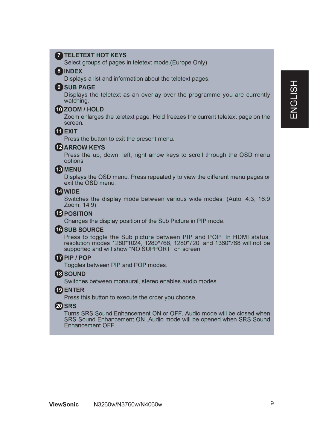 ViewSonic VS10848-1P manual Teletext HOT Keys, Index, Sub, Zoom / Hold, Exit, Arrow Keys, Wide, Position, SUB Source, Sound 