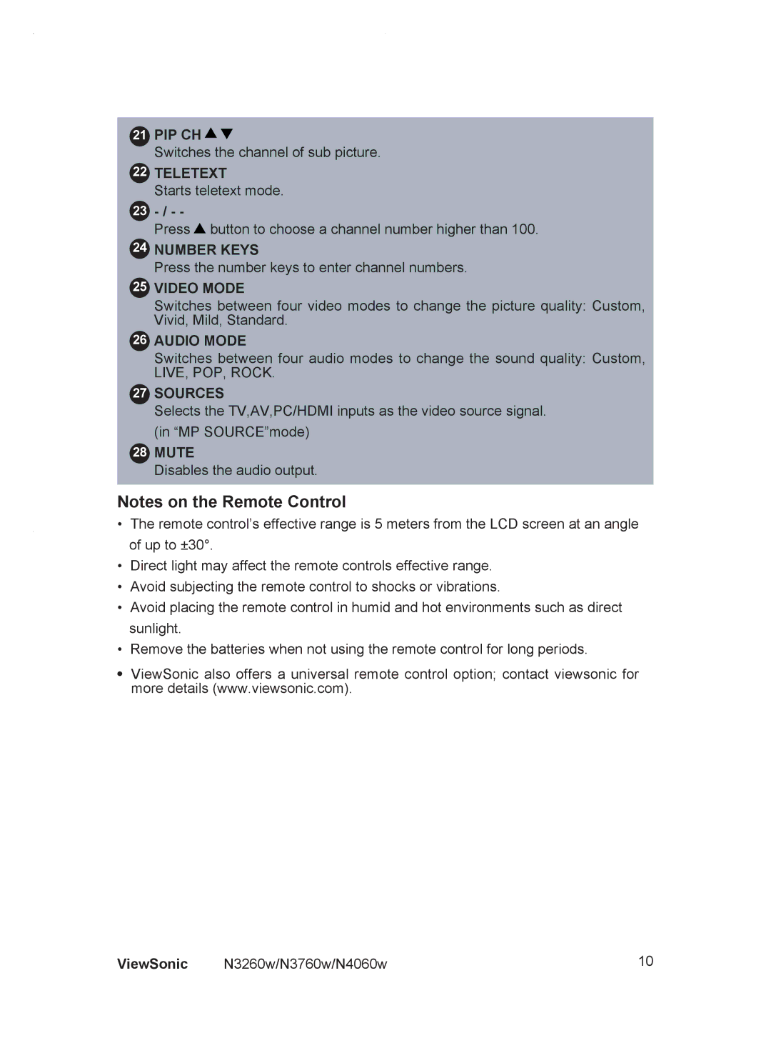 ViewSonic VS10847-1P, VS10846-1P, VS10848-1P manual Teletext, Number Keys, Video Mode, Audio Mode, Sources, Mute 