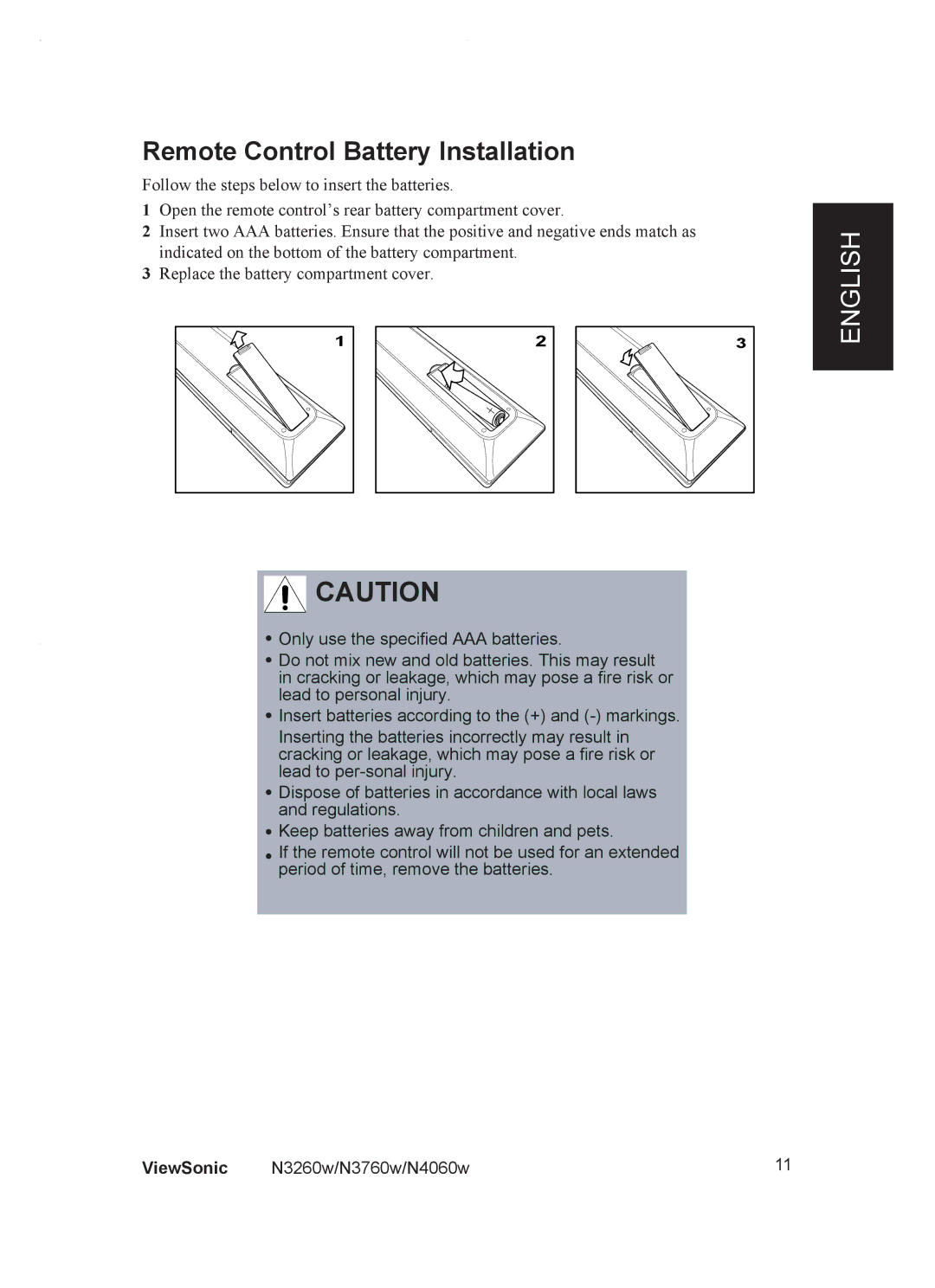 ViewSonic VS10846-1P, VS10847-1P, VS10848-1P manual Remote Control Battery Installation 