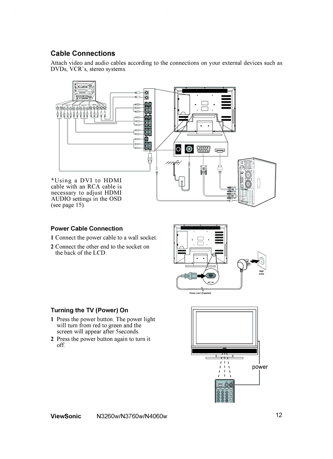 ViewSonic VS10848-1P, VS10847-1P, VS10846-1P manual Power Cable Connection, Turning the TV Power On 