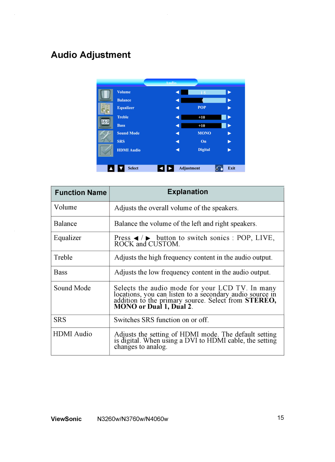 ViewSonic VS10848-1P, VS10847-1P, VS10846-1P manual Audio Adjustment, Mono or Dual 1, Dual 