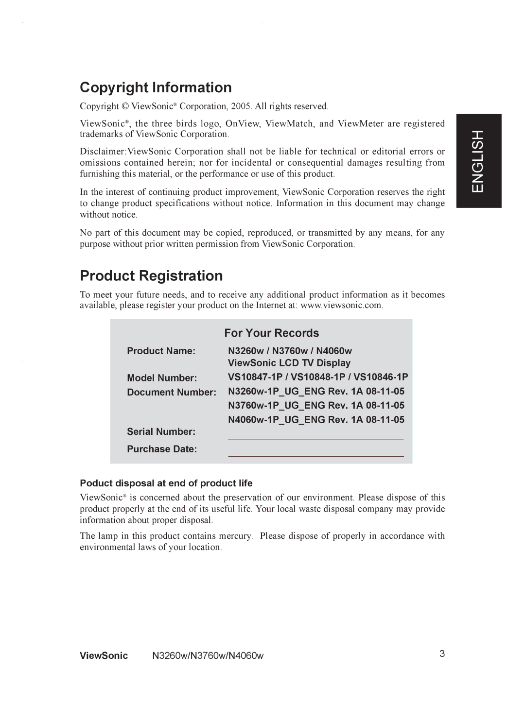 ViewSonic VS10848-1P, VS10847-1P, VS10846-1P manual Copyright Information, Product Registration 