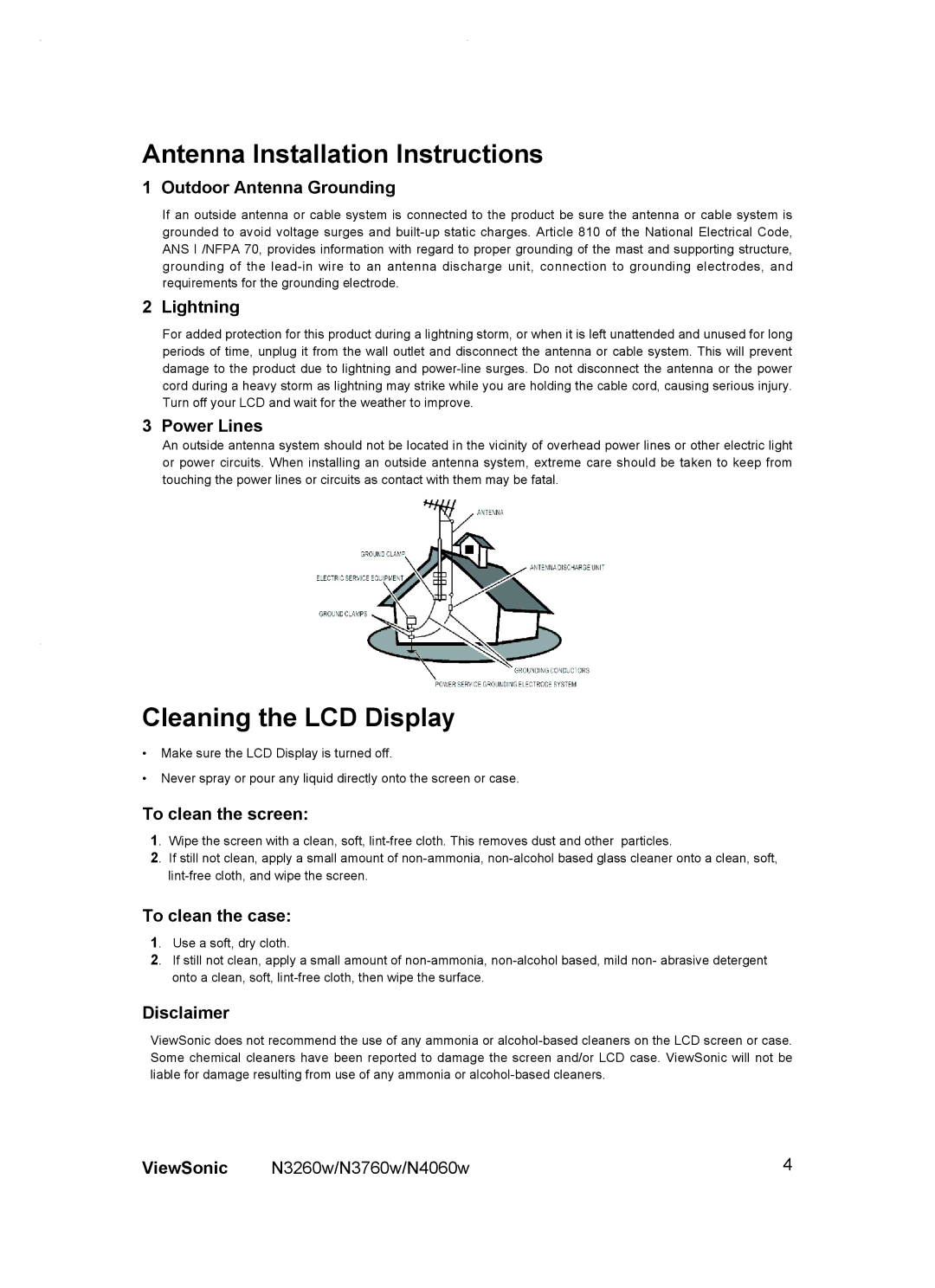 ViewSonic VS10847-1P, VS10846-1P, VS10848-1P manual Antenna Installation Instructions, Cleaning the LCD Display 