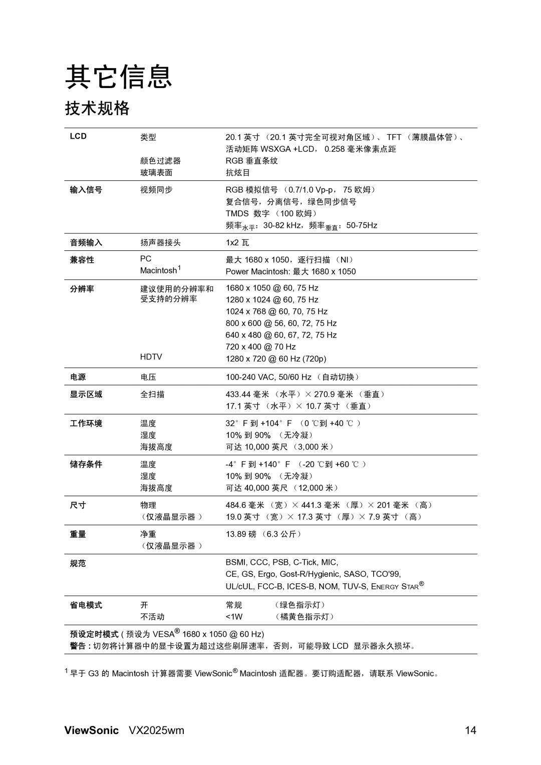 ViewSonic VS10859 manual 其它信息, 技术规格 