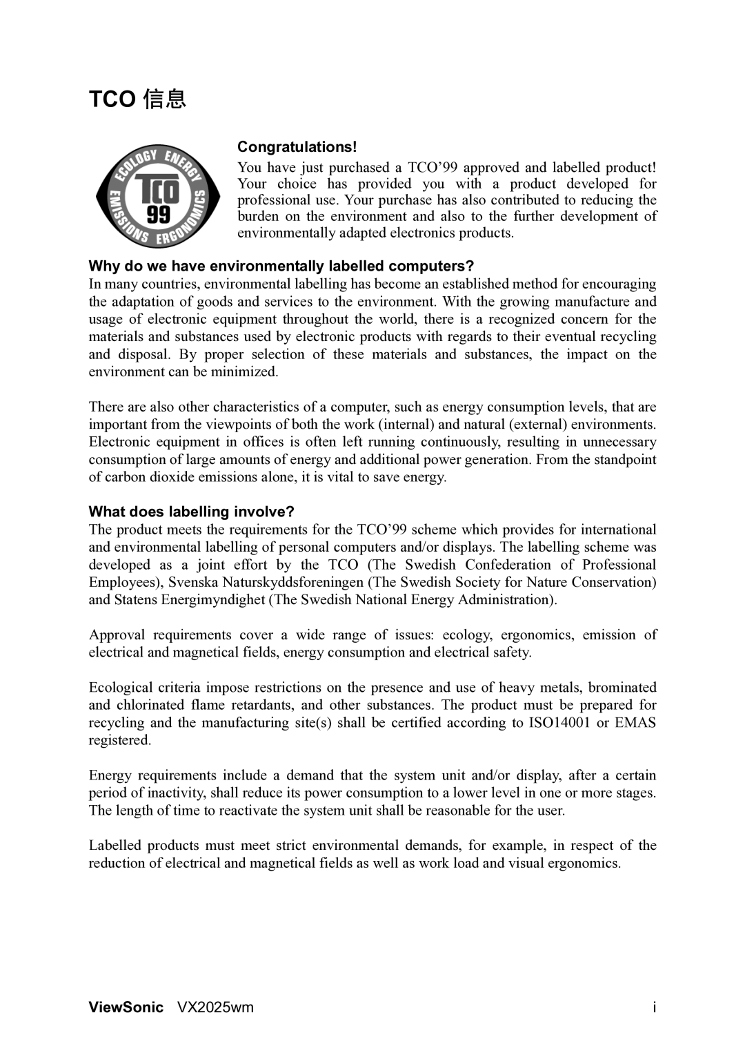 ViewSonic VS10859 manual Congratulations, Why do we have environmentally labelled computers?, What does labelling involve? 