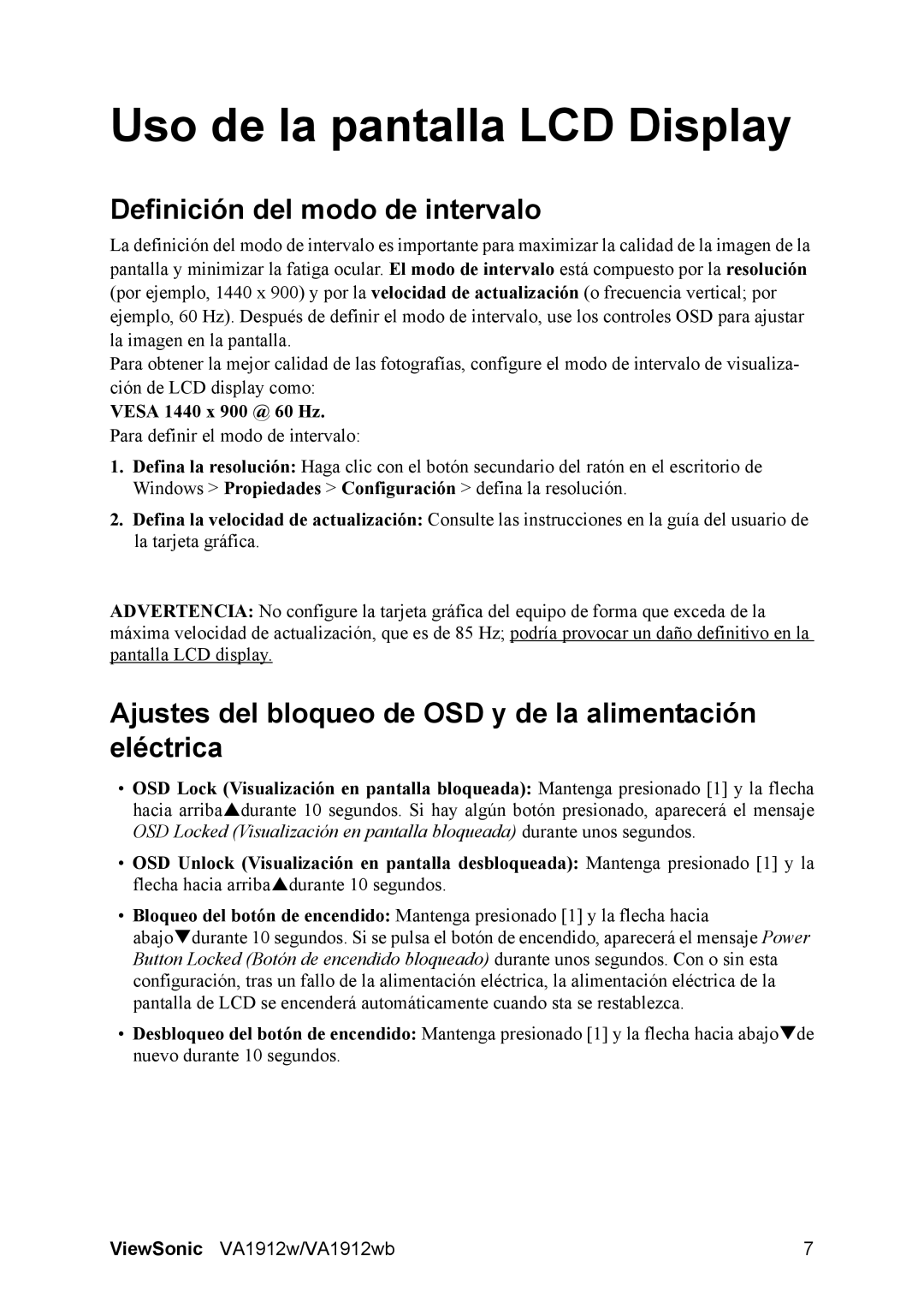 ViewSonic VS10866 manual Uso de la pantalla LCD Display, Definición del modo de intervalo 