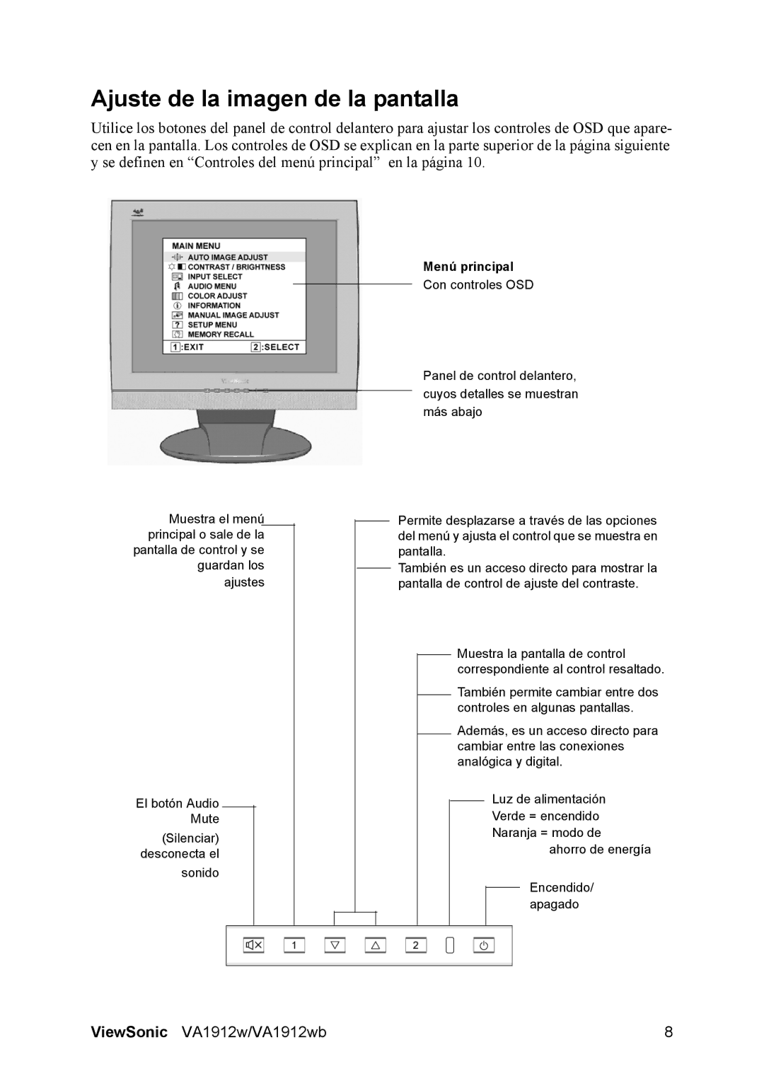 ViewSonic VS10866 manual Ajuste de la imagen de la pantalla, Menú principal 