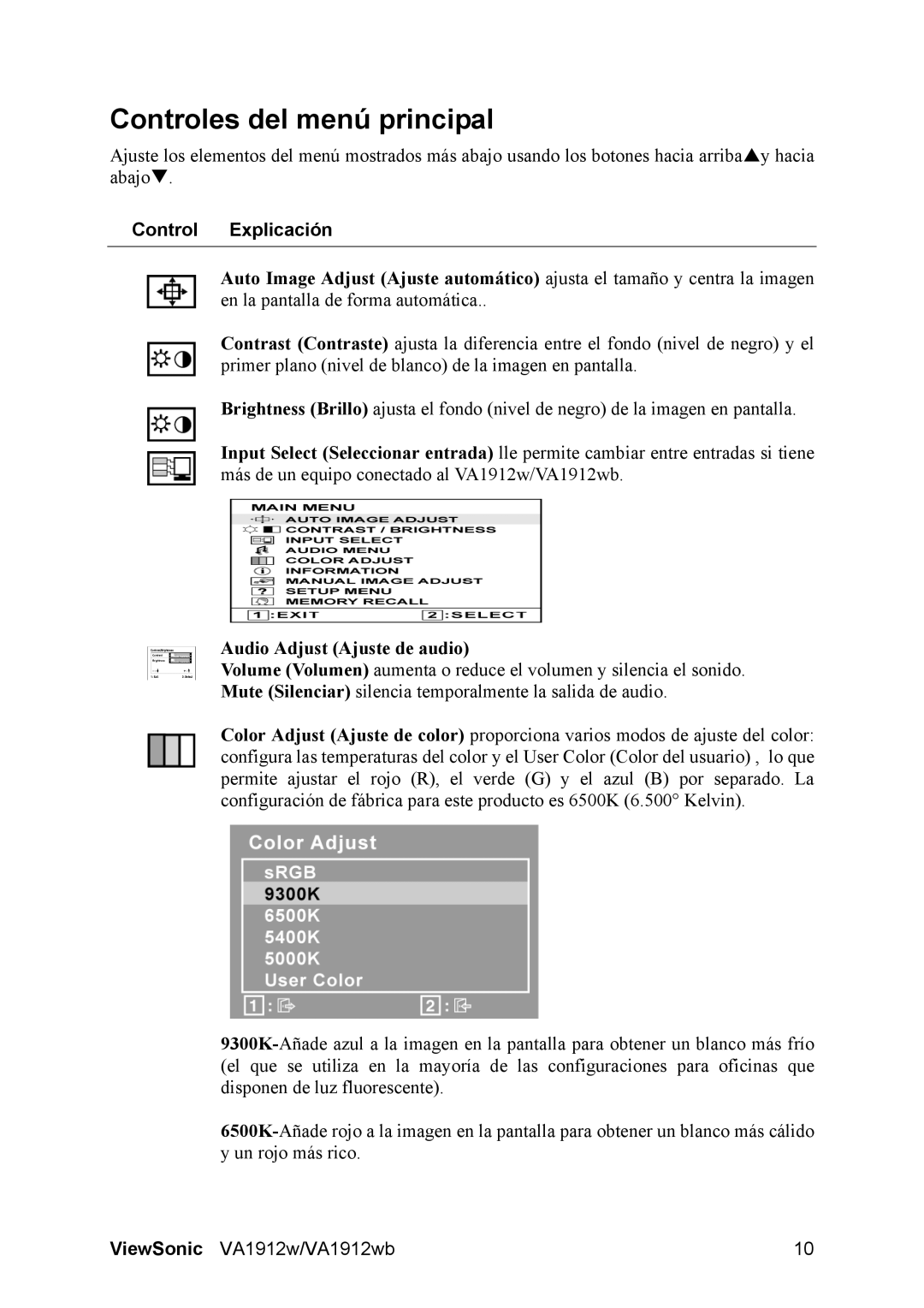 ViewSonic VS10866 manual Controles del menú principal, Control Explicación 