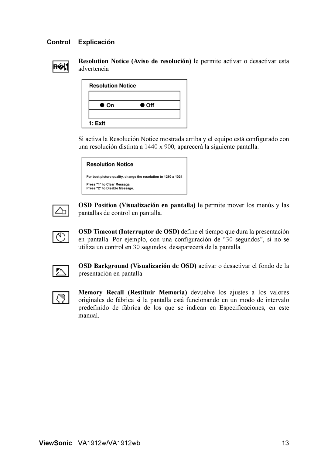 ViewSonic VS10866 manual Control Explicación 