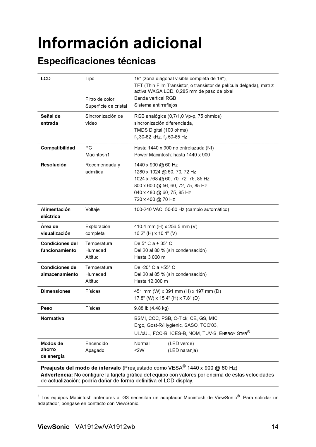 ViewSonic VS10866 manual Información adicional, Especificaciones técnicas 