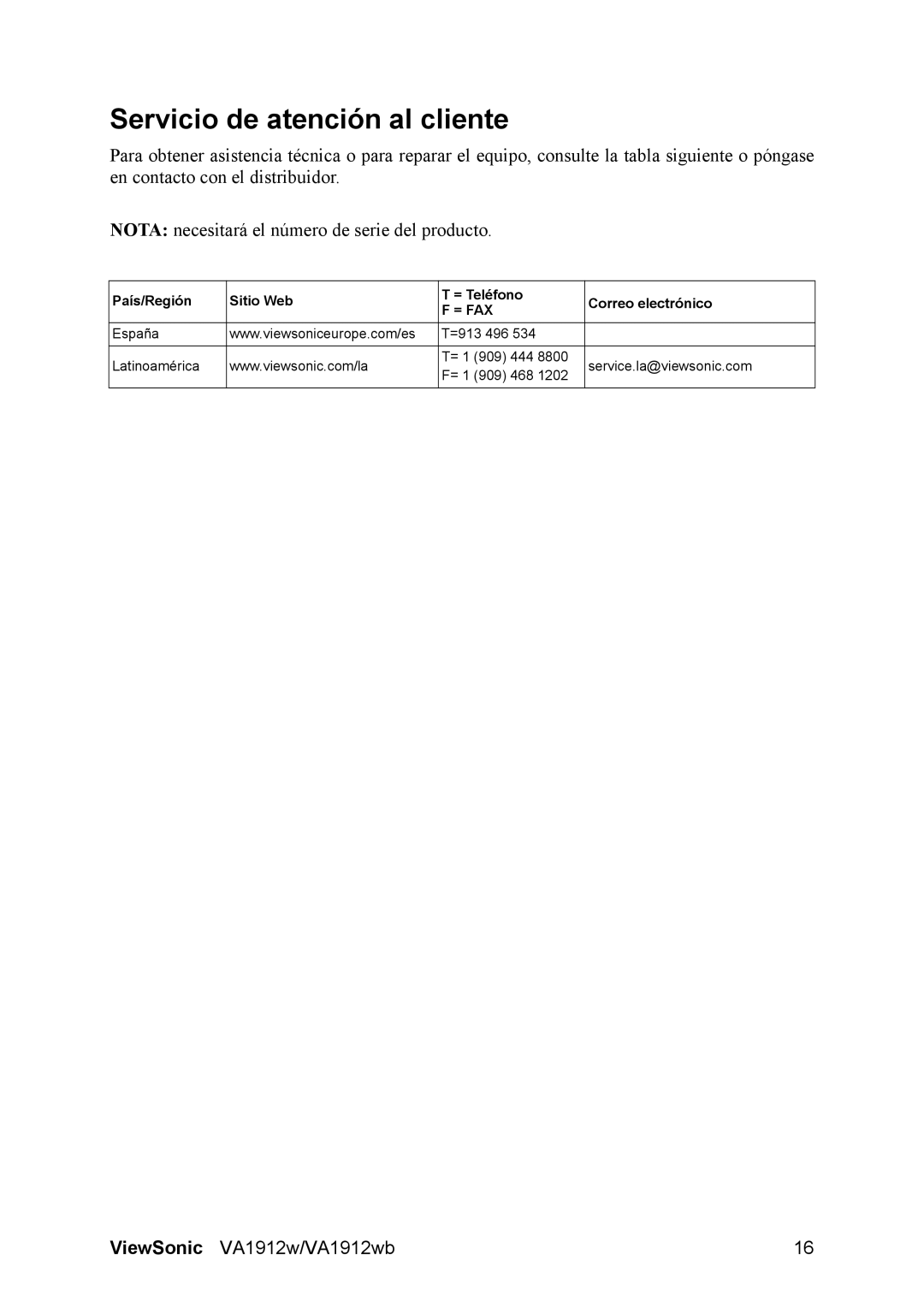 ViewSonic VS10866 manual Servicio de atención al cliente 