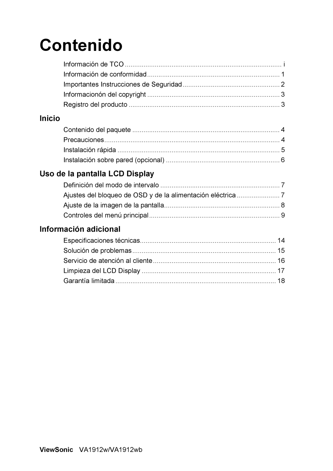 ViewSonic VS10866 manual Contenido, Uso de la pantalla LCD Display 