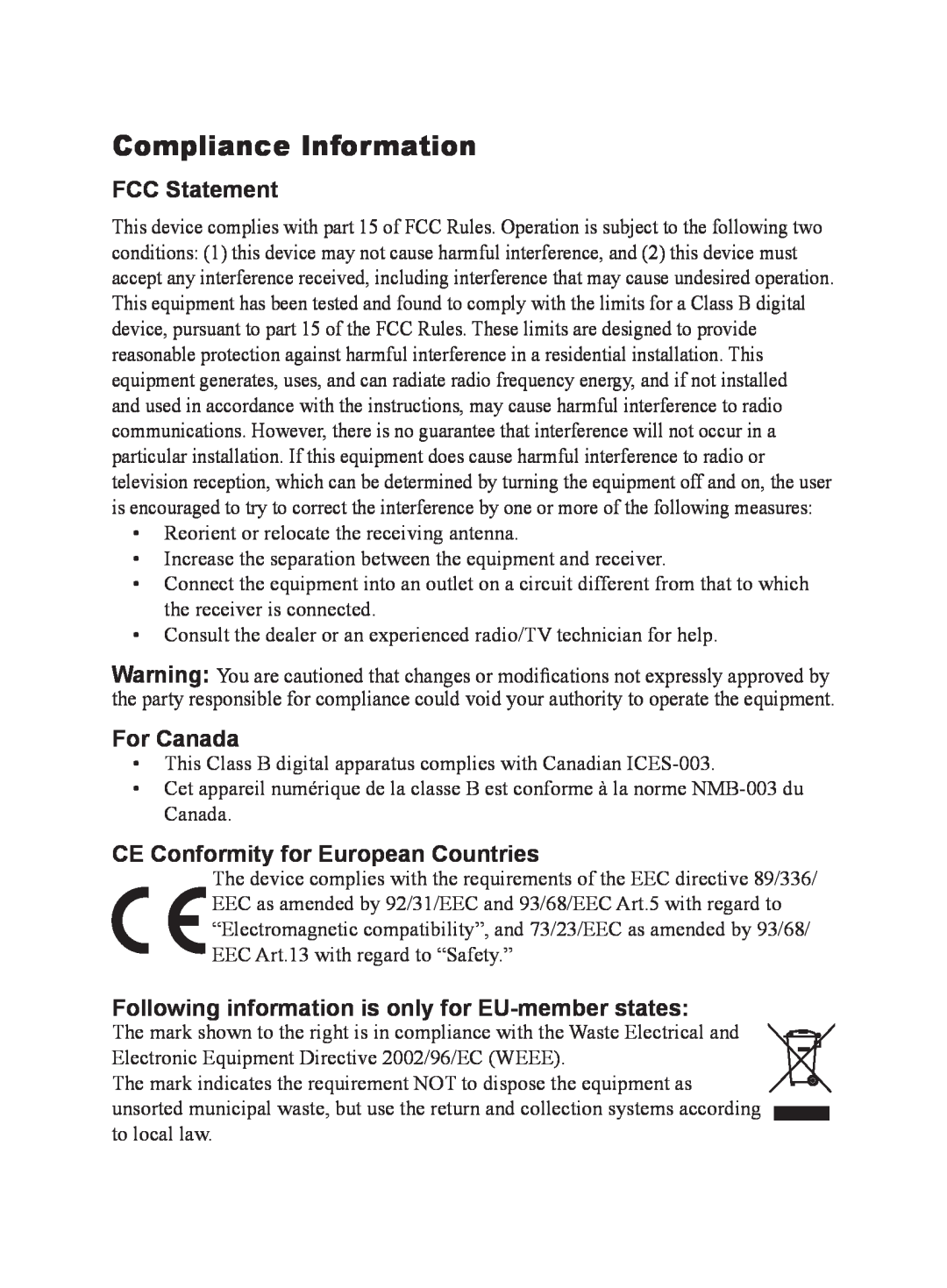 ViewSonic VS10872 manual Compliance Information, FCC Statement, For Canada, CE Conformity for European Countries 