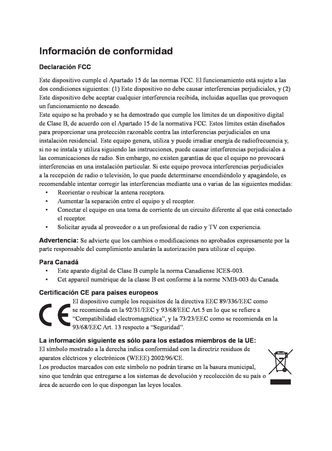ViewSonic VS10872 manual Información de conformidad, Declaración FCC, Para Canadá, Certificación CE para países europeos 