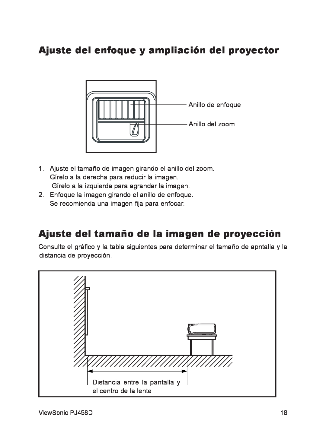 ViewSonic VS10872 manual Ajuste del enfoque y ampliación del proyector, Ajuste del tamaño de la imagen de proyección 