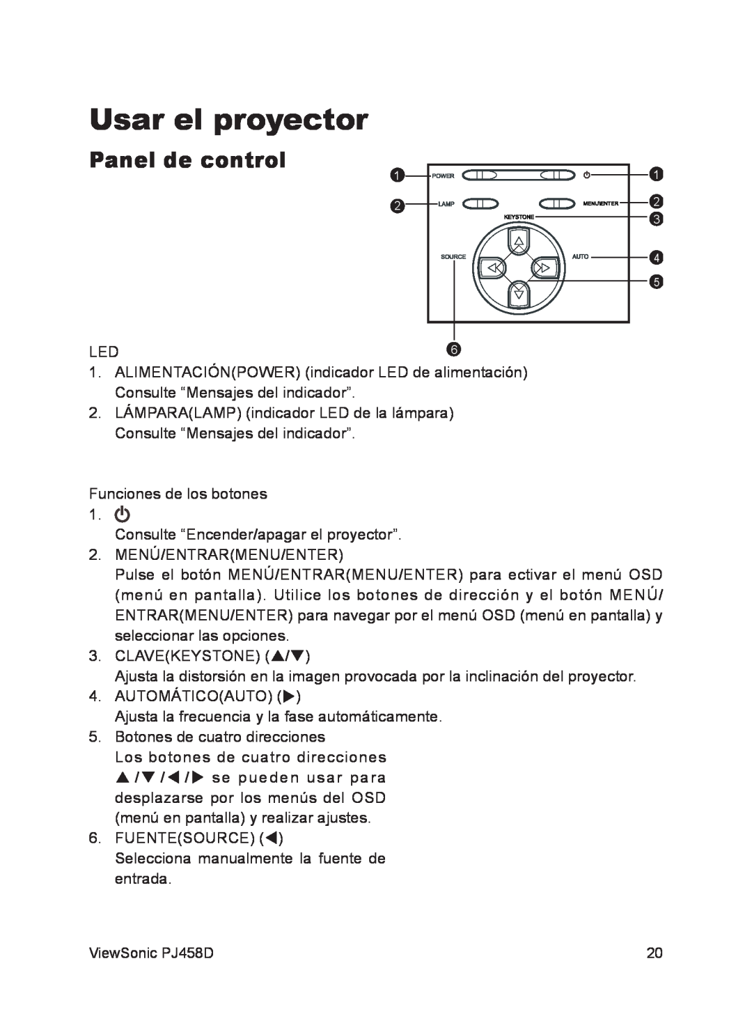 ViewSonic VS10872 manual Usar el proyector, Panel de control 