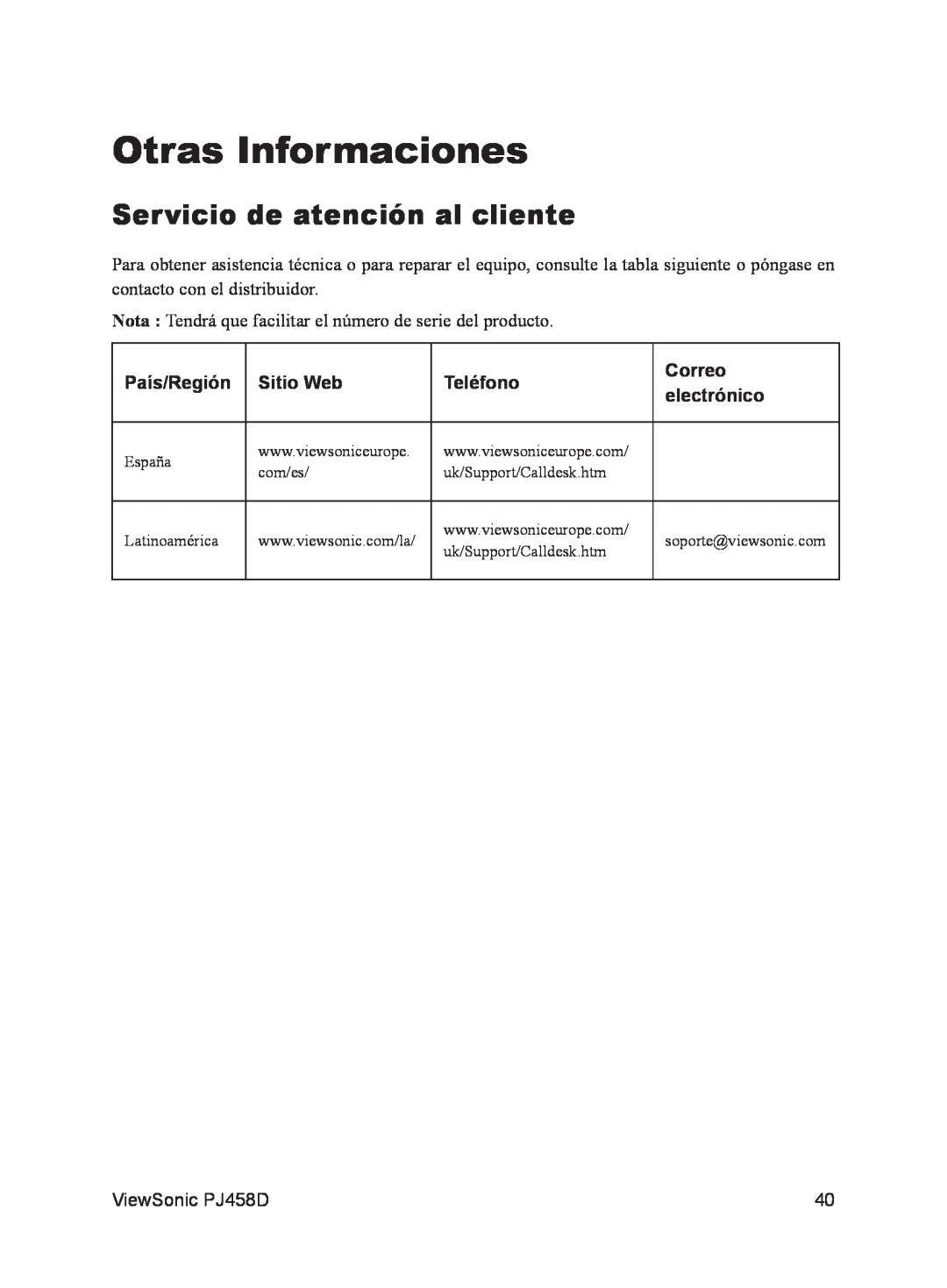 ViewSonic VS10872 manual Otras Informaciones, Servicio de atención al cliente, País/Región, Sitio Web, Teléfono, Correo 