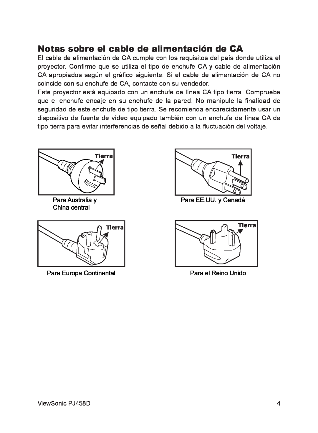 ViewSonic VS10872 manual Notas sobre el cable de alimentación de CA 