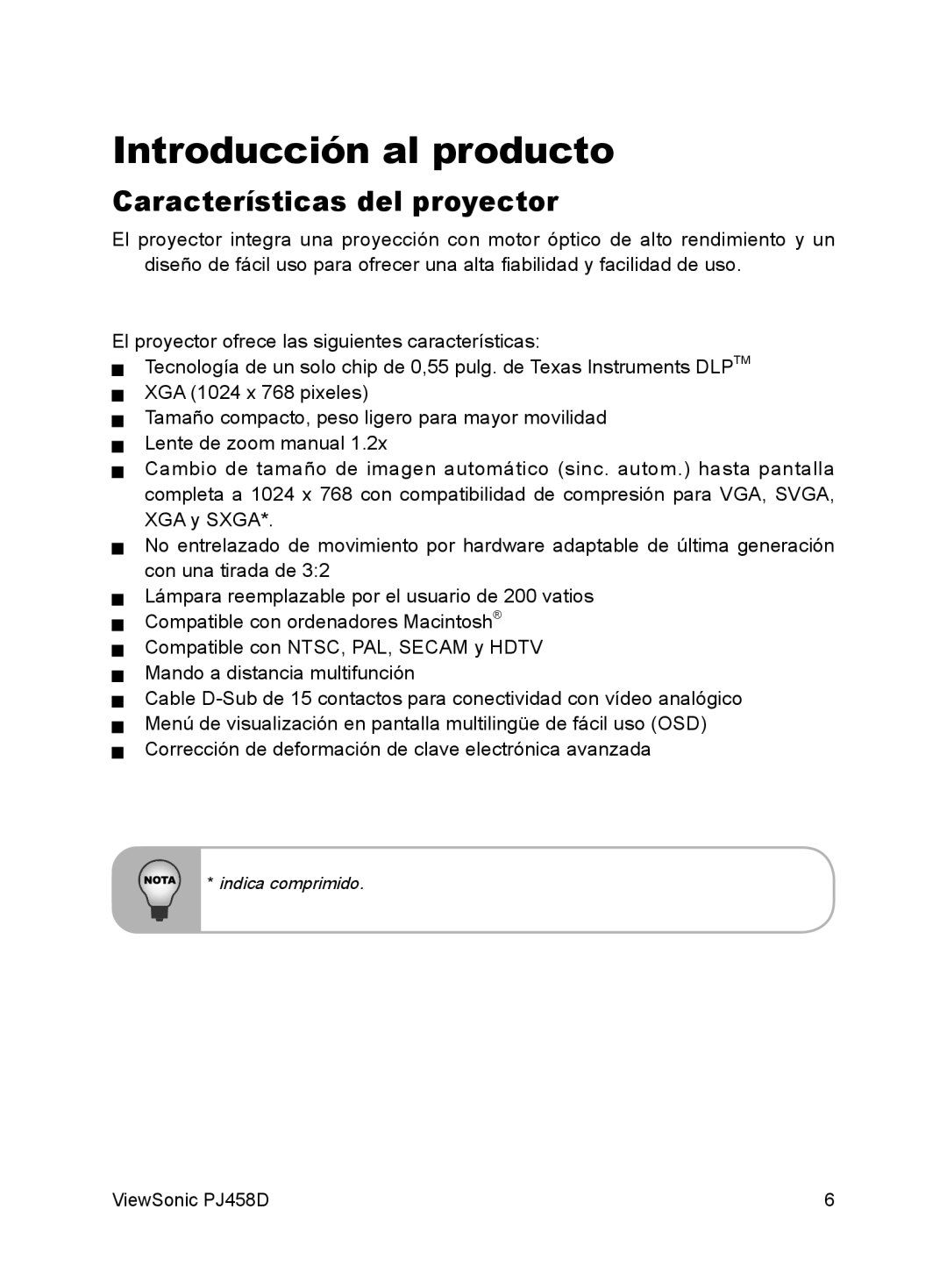 ViewSonic VS10872 manual Introducción al producto, Características del proyector 