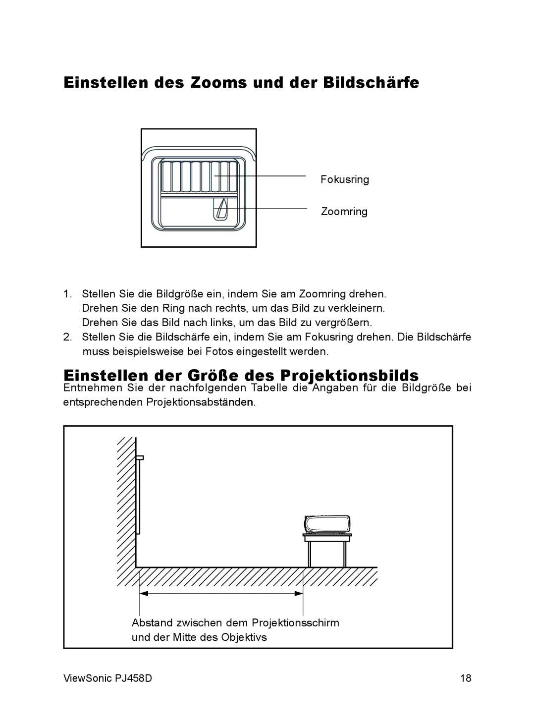 ViewSonic VS10872 manual Einstellen des Zooms und der Bildschärfe, Einstellen der Größe des Projektionsbilds 