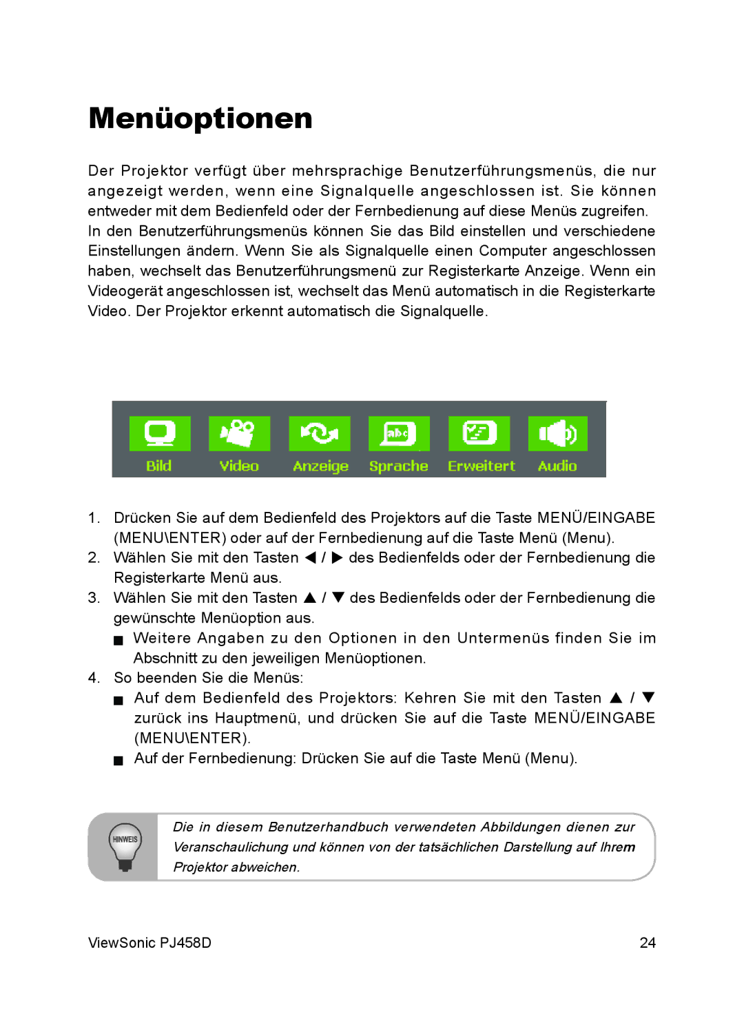 ViewSonic VS10872 manual Menüoptionen 